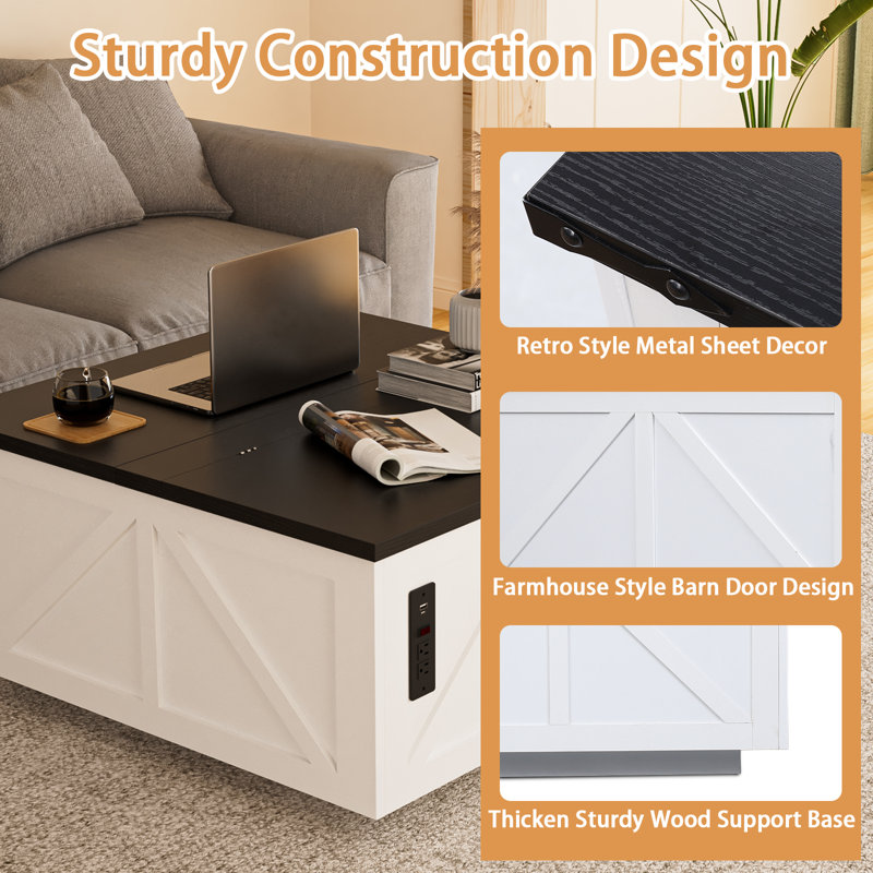 Wrought Studio™ 36 Lift Top Coffee Table With Storage, Square Coffee Table For Living Room With Led Light & Power Outlets, Farmhouse Coffee Table With Large Hidden Storage Compartment