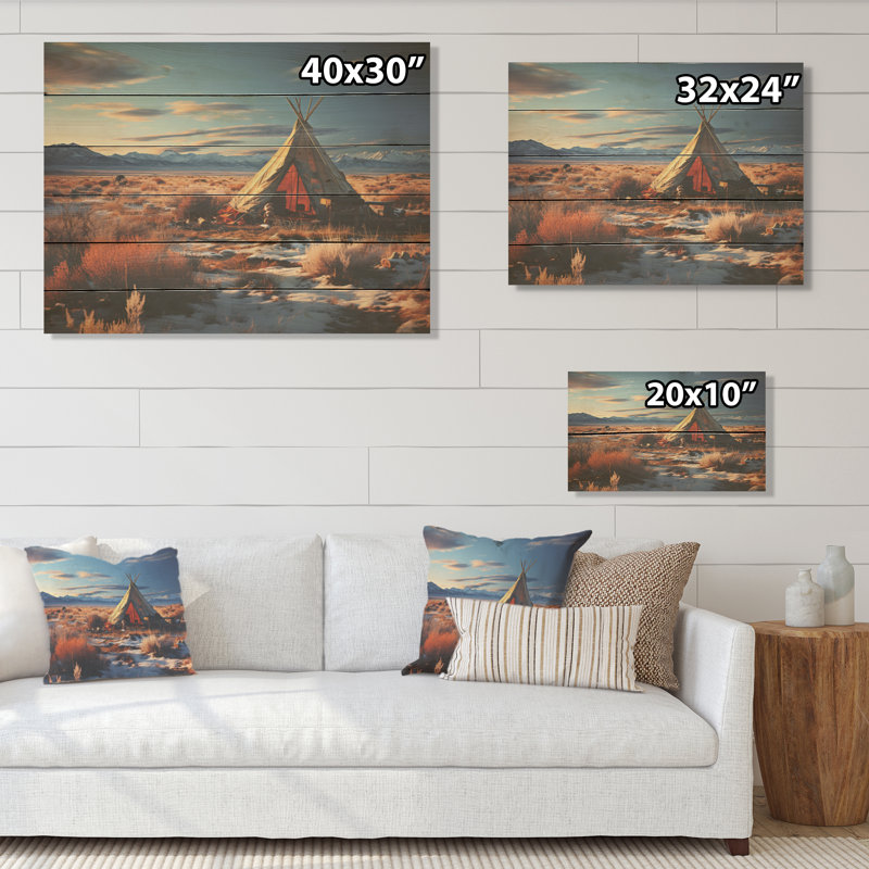 Tribal Tipi paysage - camping voyage, art mural sur bois de pin naturel, H 10 po x l 20 po
