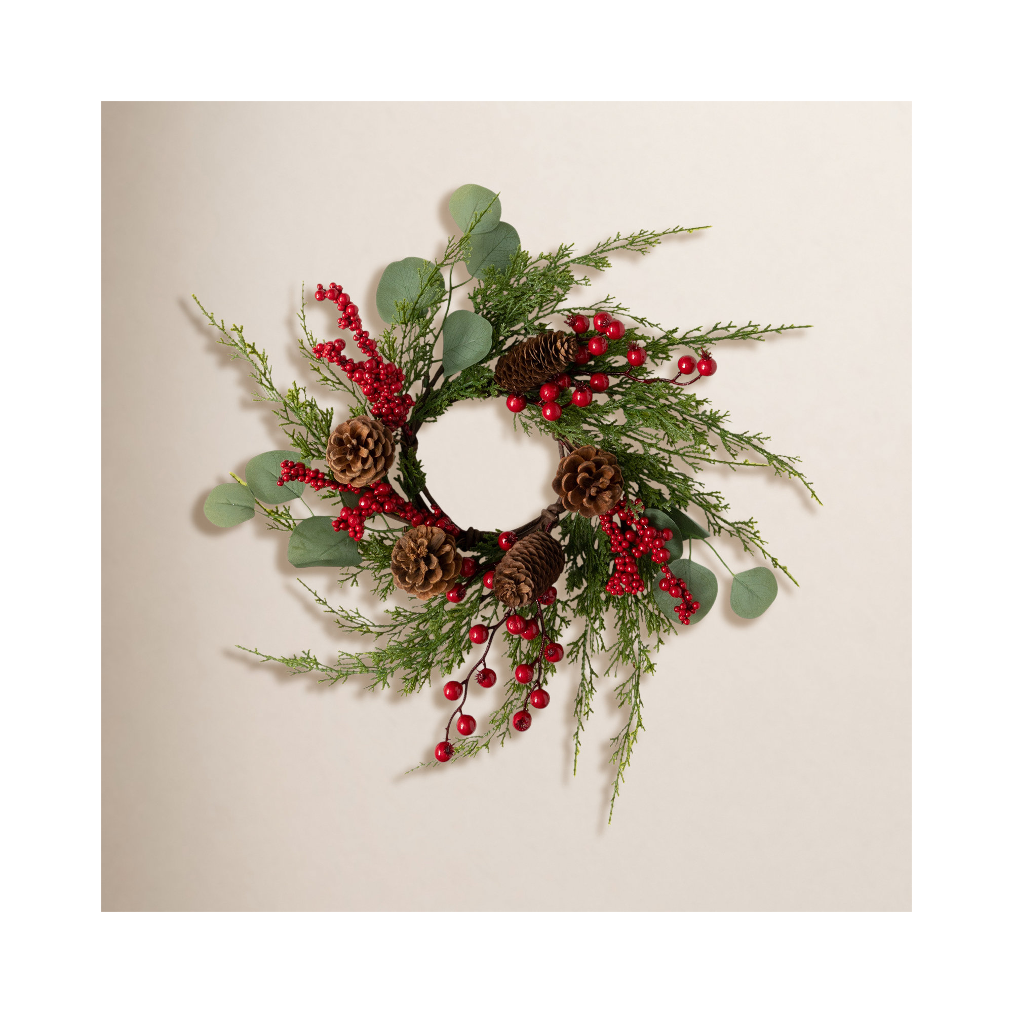 Faux Cedar Polyethylene Plastic Wreath, 15" H x 15" W x 3.5" D