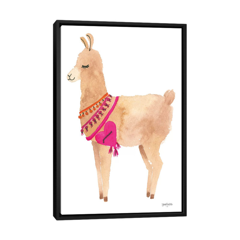 « la la llama iv », impression sur toile tendue, H 26 po x l 18 po x P 1,5 po, Toile avec cadre noir, Pas de tapis