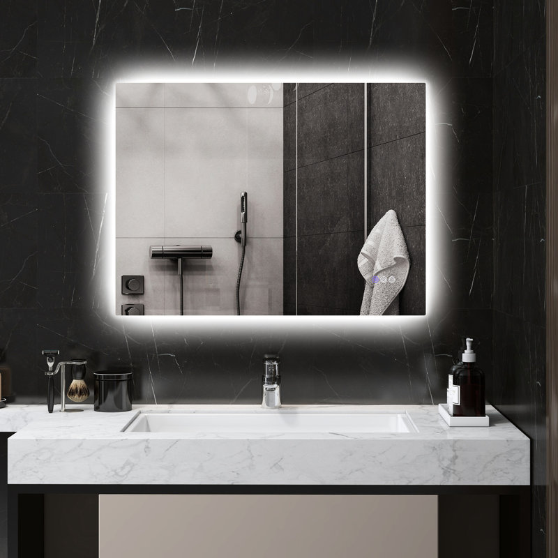 Miroir de salle de bain à DEL 32 po x 24 po, lumières avec brouillard, mémoire, luminosité à intensité variable, température de couleur réglable, fixation murale, horizontal / vertical, Cri90 +, film résistant, imperméable, cadre en alliage d'aluminium