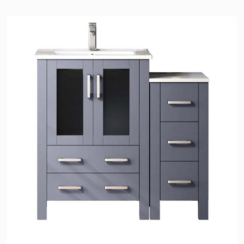36 po W Meuble-lavabo gris foncé avec armoire latérale étroite, robinet, surface en céramique blanche et 22 unités de salle de bain à miroir suspendu - robinet, installation murale