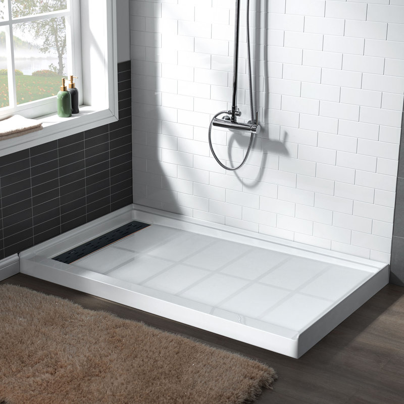48" W x 32" D Solid Surface Single Threshold Shower Pan Base with Drain Assembly & Drain Cover Included, Non-Slip, Left
