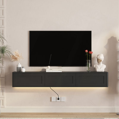 Meuble télé flottant, meuble télé mural avec lumières DEL et prise de courant, meuble télé ultrabrillant pour meuble télé noir pour le salon