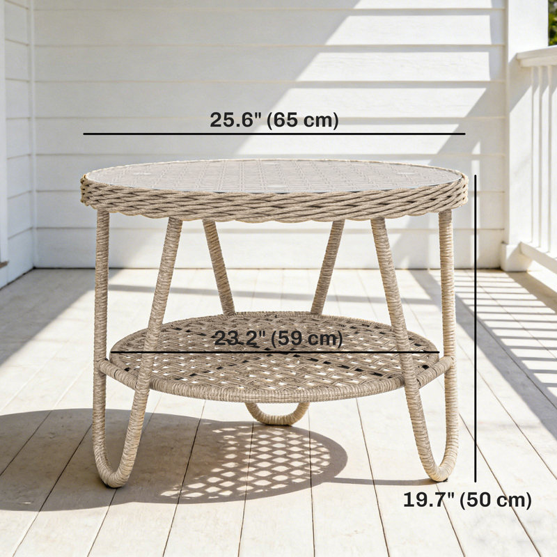 Table basse d'extérieur en rotin avec tablette de rangement, plateau en verre trempé