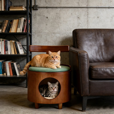  Mid-Century Solid Wood Enclosed Cats Beds & Portable Kitty House with Removable Washable Cushion, Multifunctional  Pet-Friendly Stool Furniture, Minimal Installation For Living Room, Bedroom, Home Decor & Gift