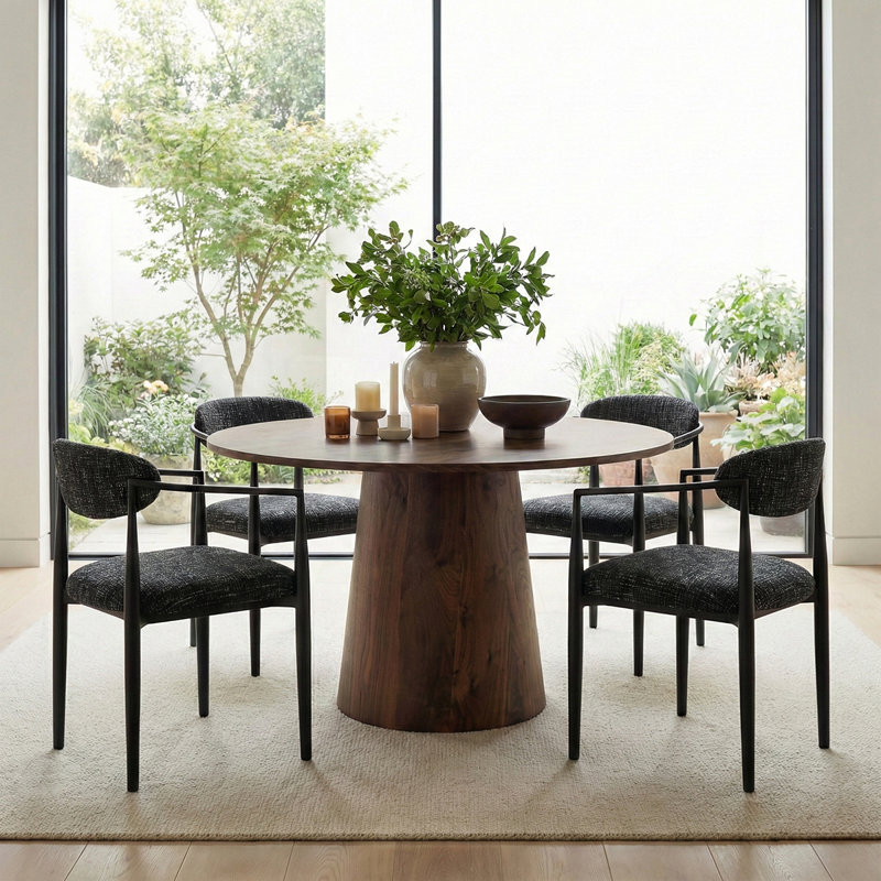 46'' Round Dining Table Set For 4 With Upholstered Arm Chairs, Modern Pedestal Dining Room Set, Wood Grain Kitchen Table And Chairs Set