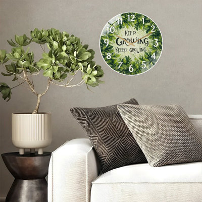 Green Leaves Wall Clock Motivational Keep Growing Home Decor Art - 12'' Modern Glass Wall Clock