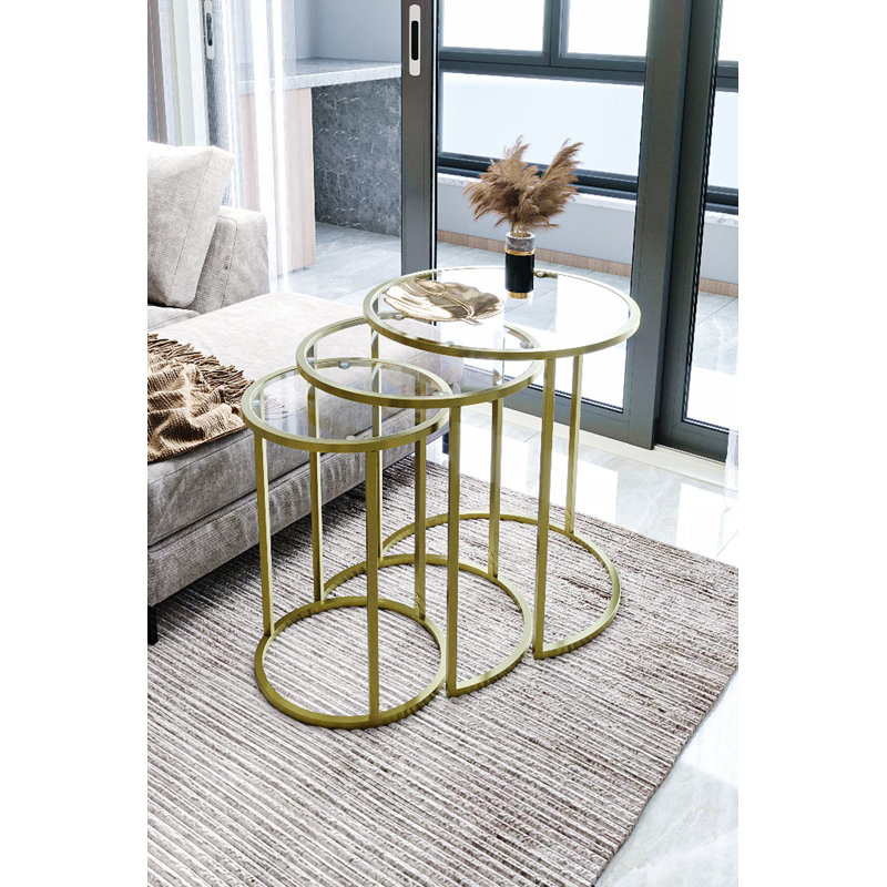 Bullock Modern Nesting Table Set (3 Pieces), Black & Transparent, 13.4 x 19.7 x 13.4 in, 16.5 x 21.3 x 16.5 in, 19.7 x 22.8 x 19.7 in | 100% Tempered Clear Glass, 0.16 in Thick | Sleek Metal Frame, Perfect for Industrial Living Spaces & Home Decor