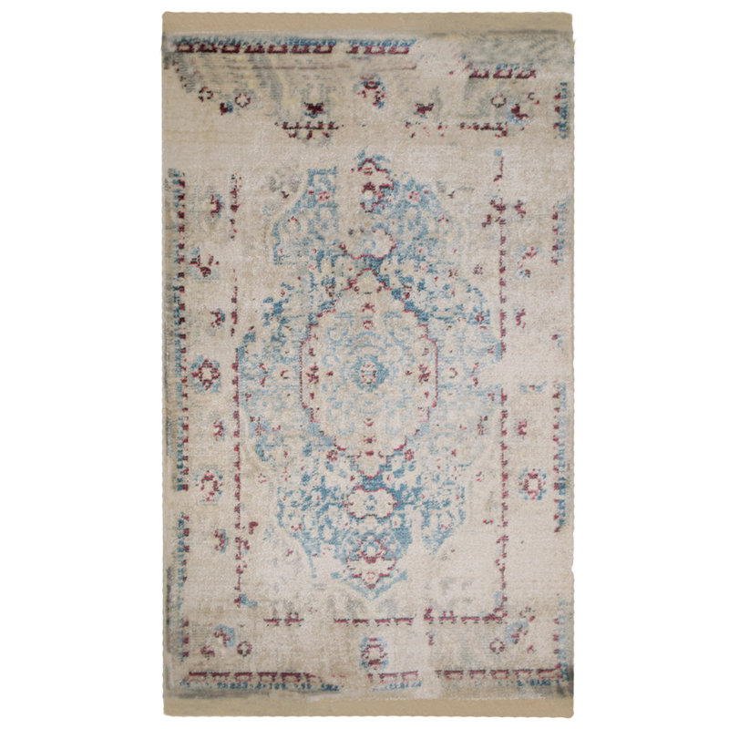 Tapis ivoire / bleu oriental en polyester tissé à la machine 1 pi 8 po x 2 pi 10 po Oriental