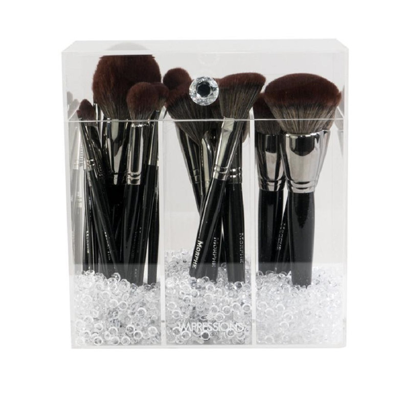 Diamond Collection Makeup Brush Holder with 3 Compartments Acrylic Organizer Elegant Silver Accents