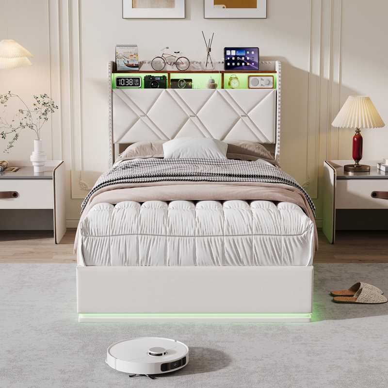 Lift Up Storage Bed Frame, European Single (90 x 200 cm), Beige