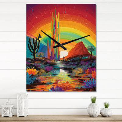 Cactus Saguaro dans un paysage de désert arc-en-ciel - paysage abstrait horloges murales