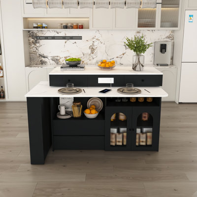 Kitchen Island With Extendable & Rotating Table - 4 Drawers, Glass Door Cabinets, Built-In Socket, Expandable Dining Station