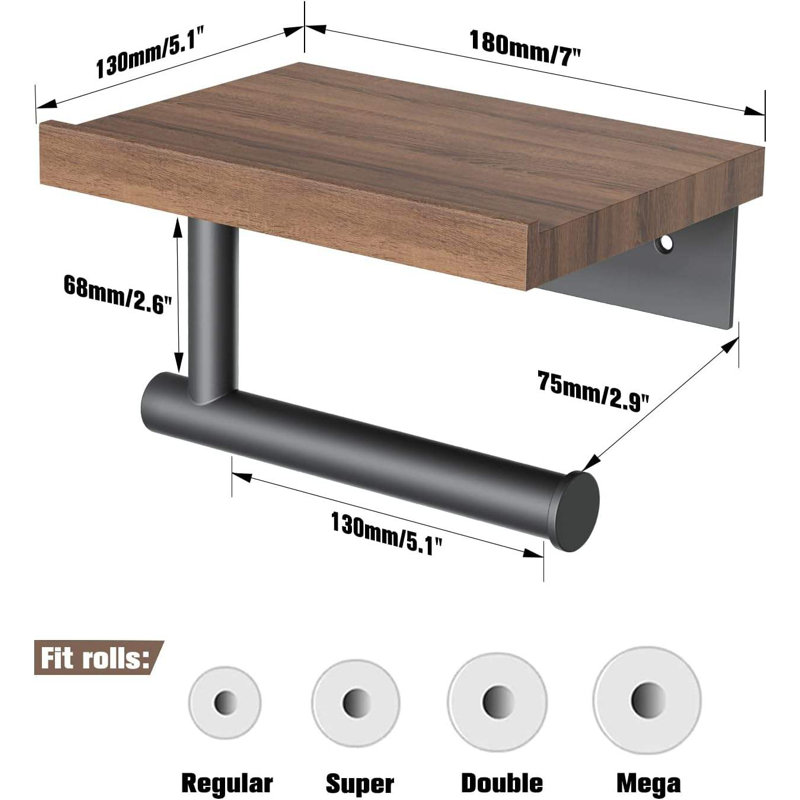 Porte-papier hygiénique mural en bois de noyer avec tablette, acier noir mat SUS304, indispensable pour les méga-rouleaux de salle de bain