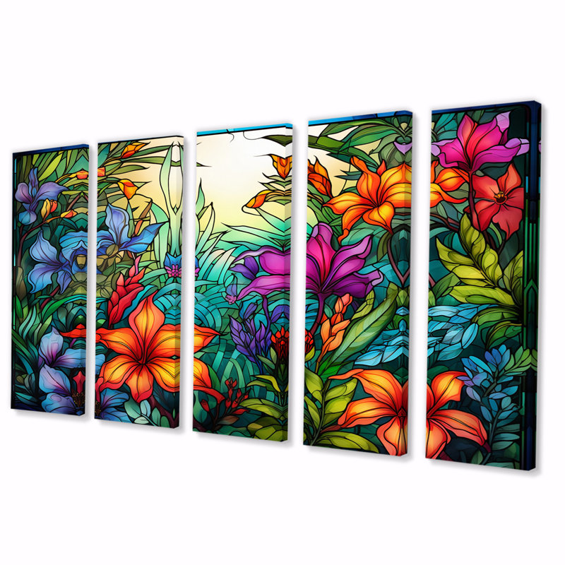 Vibrantly Happy Blossoming Tropical Flowers IV - Décoration murale fleurs - 5 panneaux égaux
