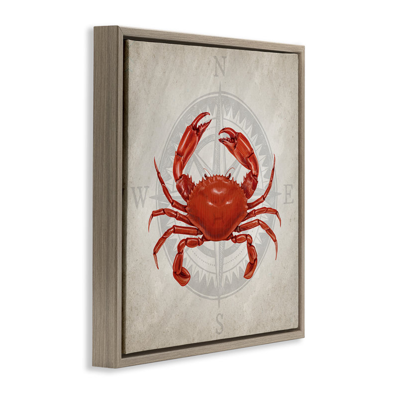 Art mural sur toile crabe sur boussole, design par Kim Allen, H 18 po x l 18 po, Cadre flottant orme Montalcino