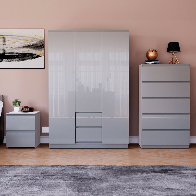 Oslo 3 Piece Bedroom Set (2 Drawer Bedside Chest, 5 Drawer Chest, 3 Door 2 Drawer Wardrobe), (100% FSC), Grey