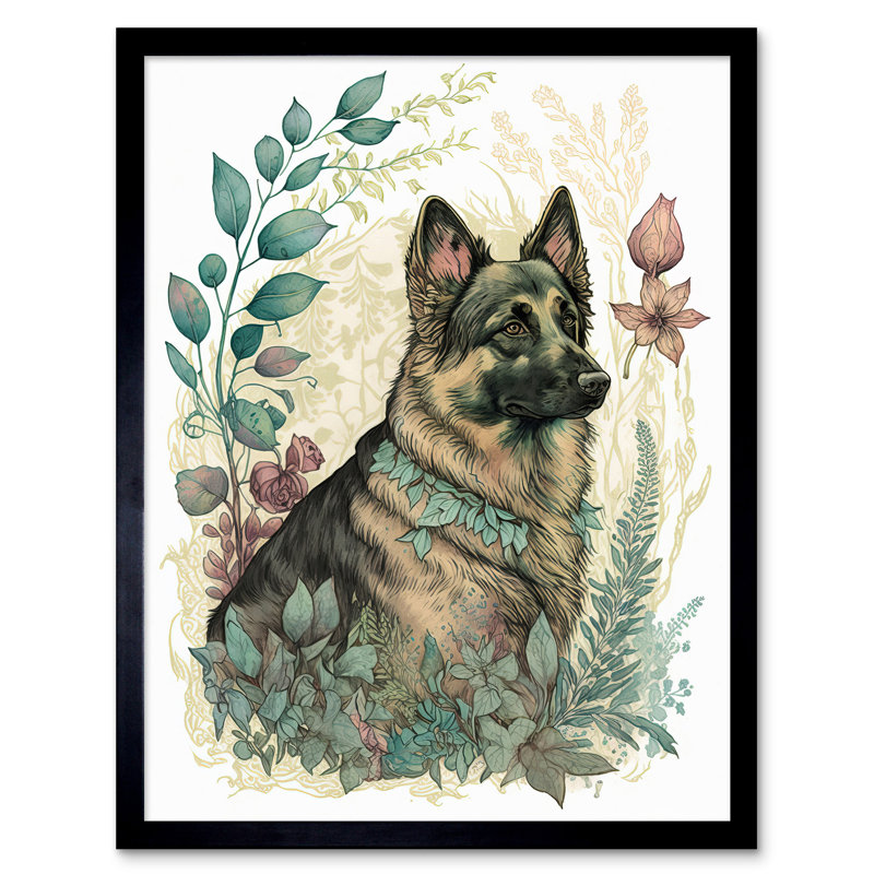 German Shepherd Dog With A Leaf Collar Spring Field Boho Pastel Watercolour - Single Picture Frame Print