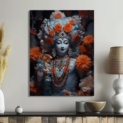 Krishna avec collier de perles et de fleurs oranges - Art mural de l'hindouisme