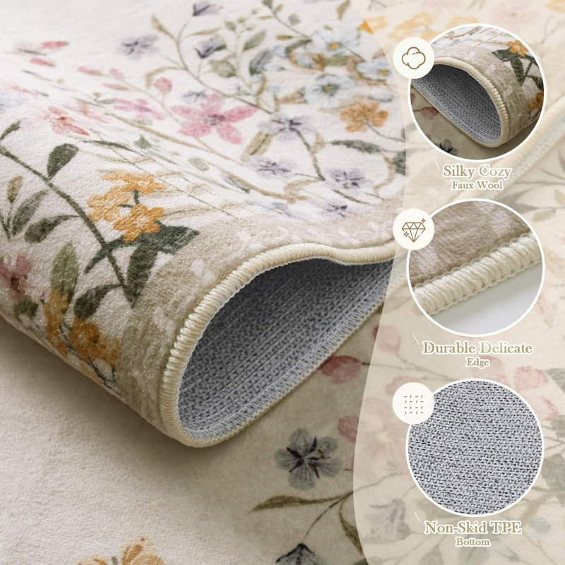 Vintage Floral Washable Area Rug with Non-Slip Backing, Low-Pile Beige Rug for Living Room, Bedroom & Dining Room