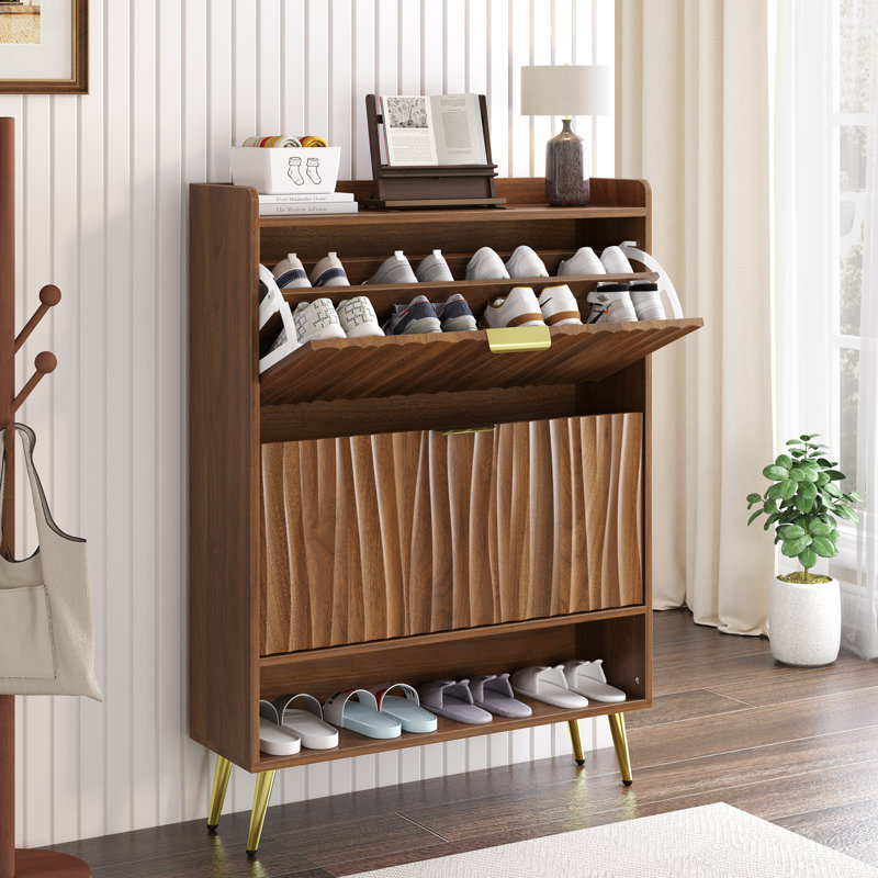 Walnut Fluted Shoe Storage Cabinet with 2 Flip Drawers, 31.5"(W) Freestanding Shoe Organizer with Water Ripple Doors, Narrow Shoe Rack Cabinet for Entryway