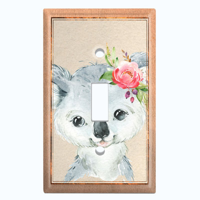 Metal Light Switch Plate Outlet Cover (Cute Animal Baby Koala Grey Flower Beige - Single Toggle)