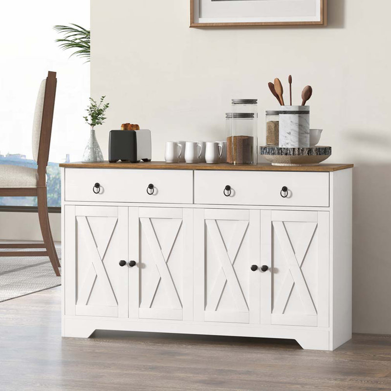 Buffet avec 2 tiroirs, 2 armoires de rangement, 4 portes de style grange et tablettes réglables,