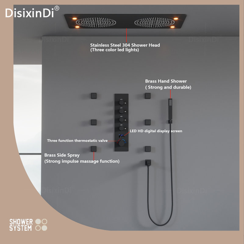 Ceiling Double Rain Music LED Shower Head with Handheld Spray Rainfall Shower System Set Rough-in Valve Included, Matte Black