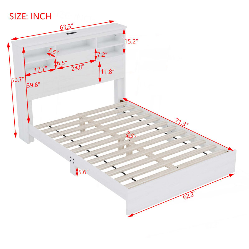Queen Size Vintage Platform Bed,With Storage Headboard and Charging Station, White, White