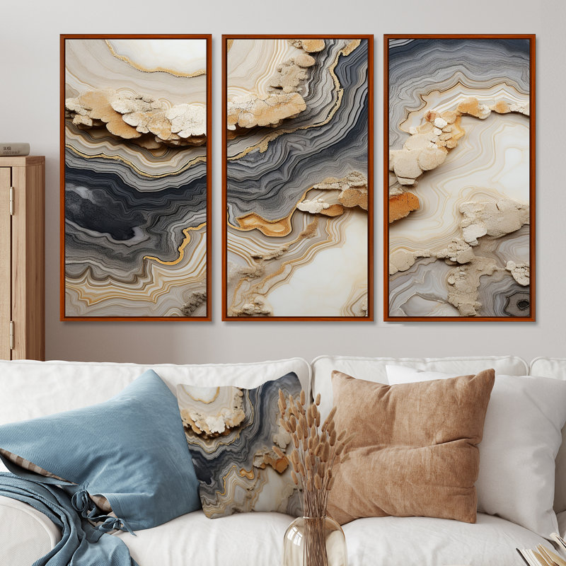 Gris et orange Minimalisme pierre Geode - Ensemble de décoration murale pierre géode, Cadre flottant brun, H 28 po x l 36 po