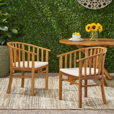 Chaises de salle à manger d'extérieur en bois avec coussins, ensemble de 2, crème, finition teck