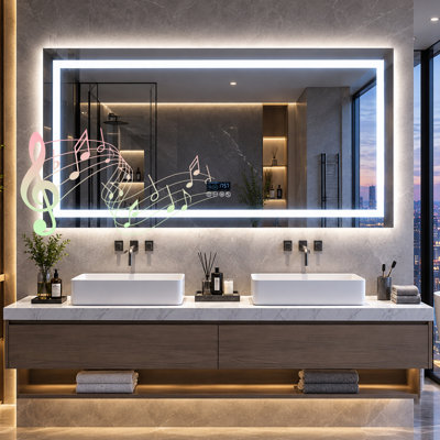 30.7" x 59.5" Large LED Bathroom Mirror for Double Vanity, Bluetooth Speaker, Smart Time & Date Display, Anti-Fog, 3-Color Dimmable