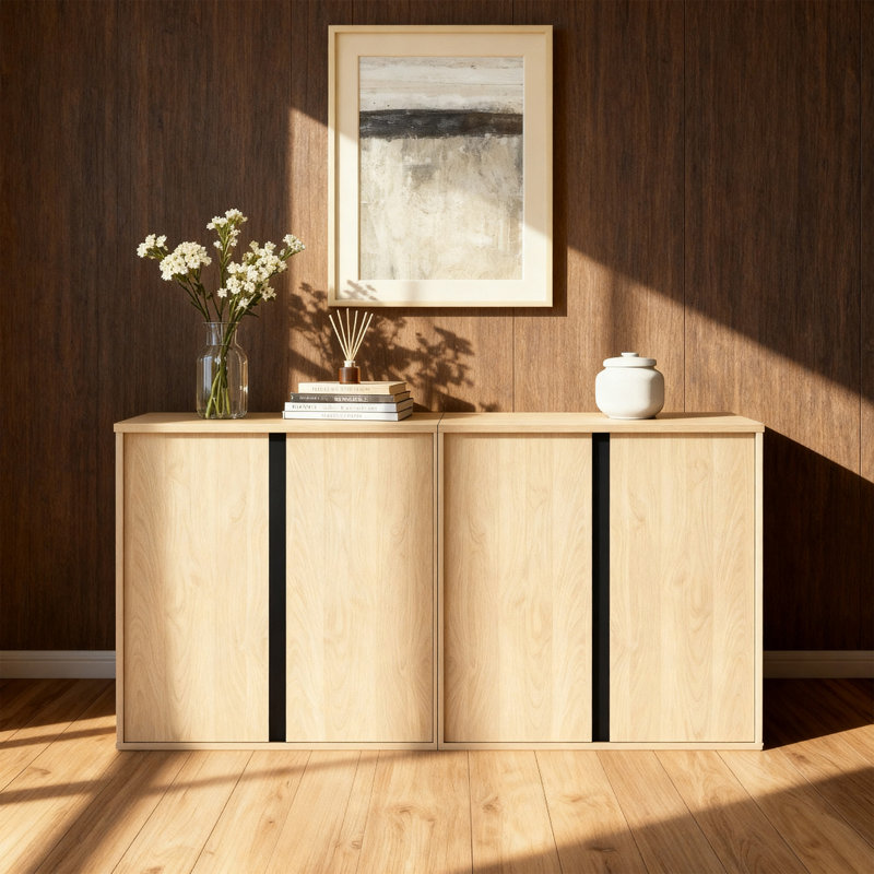  31.5" Modern Sideboard Buffet Cabinet With Metal Accents & Soft-Close Doors, Oak