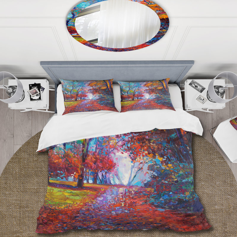 Petite route à travers le paysage d'automne rouge - Ensemble de housse de couette traditionnel - Microfibre de polyester