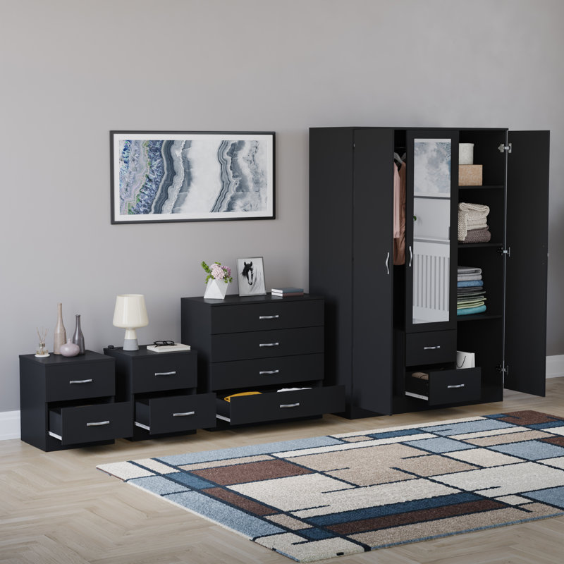 Tayce 4 Piece Bedroom Set (2 Drawer Bedside Chest, 4 Drawer Chest, 3 Door 2 Drawer Mirrored Wardrobe), Black
