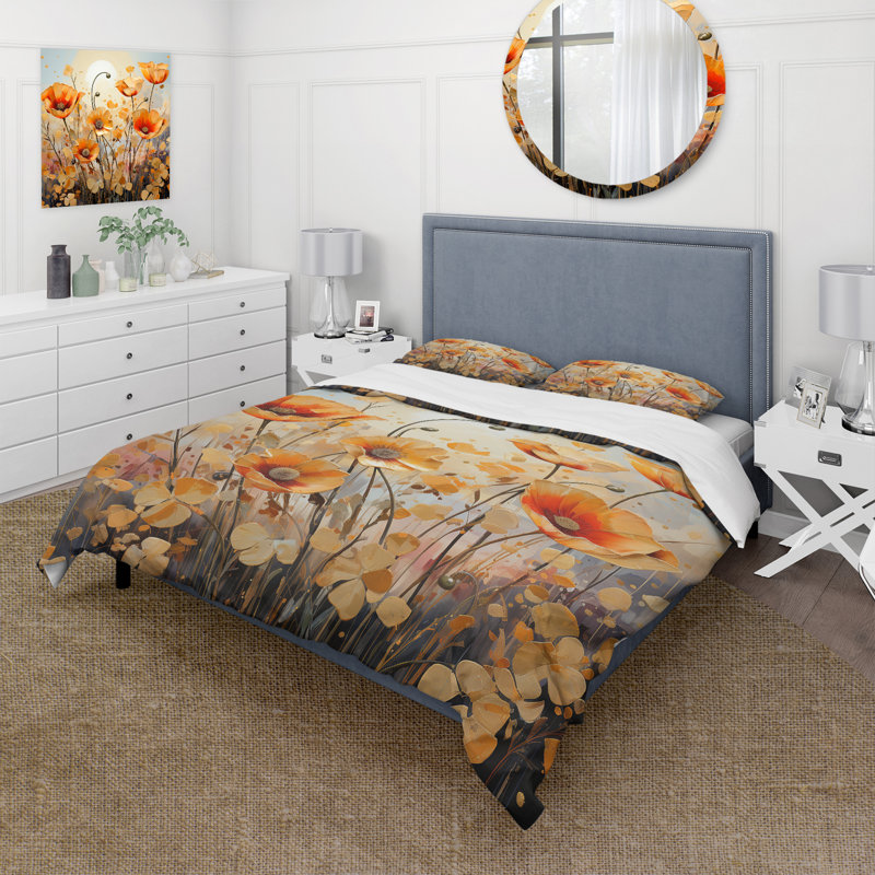 Ensemble de housse de couette jaune et vert Poppy Meadows 3 - Poppies, Housse de couette simple + 1 taie décorative stan