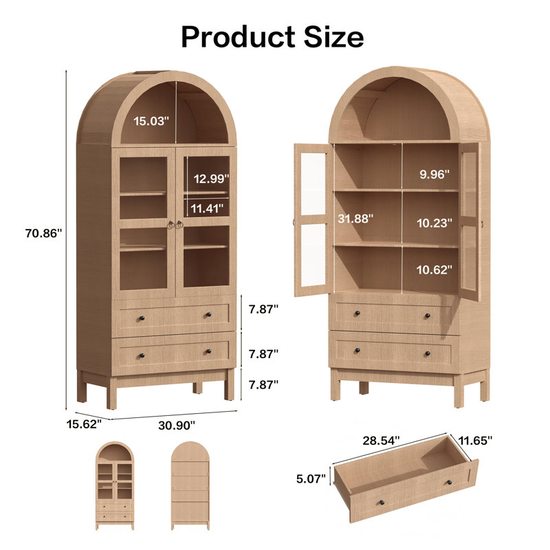 Garde-manger arqué de 71 po de hauteur, armoire de rangement avec portes en verre, 2 grands tiroirs et 3 tablettes réglables, style campagne moderne pour les cuisines, les petites maisons et les appartements