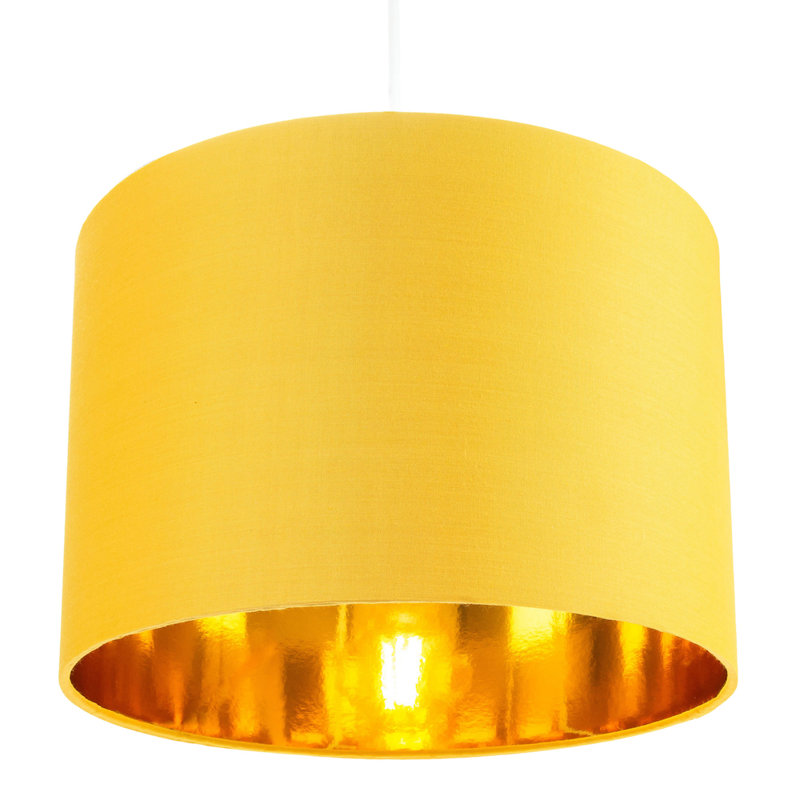 Contemporary Cotton Lamp/Light Shade with Shiny Paper Inner, Ochre, 18cm H x 25cm W x 25cm D
