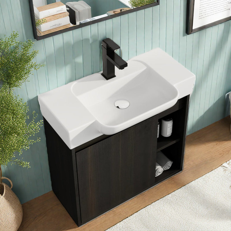 Meuble-lavabo moderne peu encombrant avec lavabo en céramique, conception compacte en chêne foncé