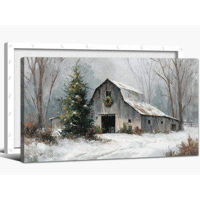 Décoration murale de Noël grange de Noël - scène de paysage d'hiver, art mural de Noël rétro pour salon, œuvre d'art sur toile encadrée, 16 x 32 po