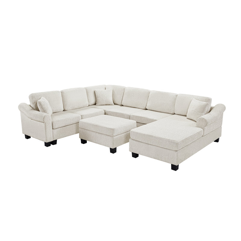  Canapé modulaire modulaire en chenille de 111,8 po en U avec tabouret de rangement amovible pour le salon, White