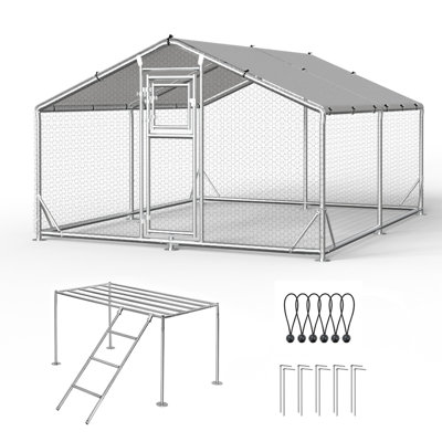 Large Metal Chicken Coop, Walk In Chicken Coop, Double Door Chicken Runs With Perch Climbing Device And Waterproof & UV Resistance Cover, For 20 Chickens Duck Pen House Cage Run