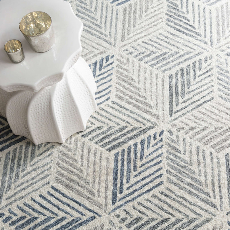 Karari Hand Hooked Wool Rug, Rectangle 9'6" x 13'6", Gray/Blue