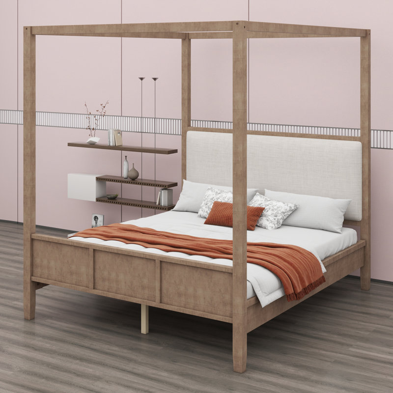 Élégant lit plateforme à baldaquin en bois conçu avec une tête de lit rembourrée, Natural Walnut