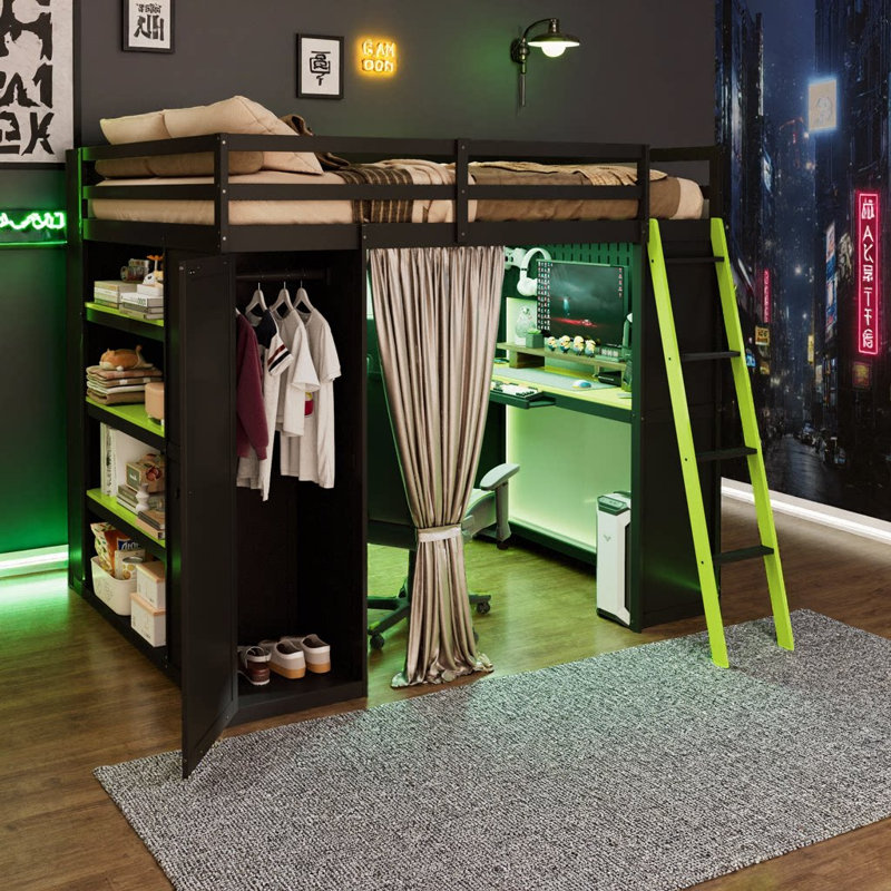 Space-Saving Full Size Wood Loft Bed with Built-In Desk, Wardrobe, Shelves, Blackout Curtains & APP-Controlled RGB Lights