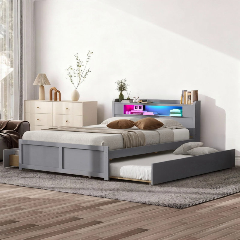 Grand lit plateforme en bois avec rangement à DEL
