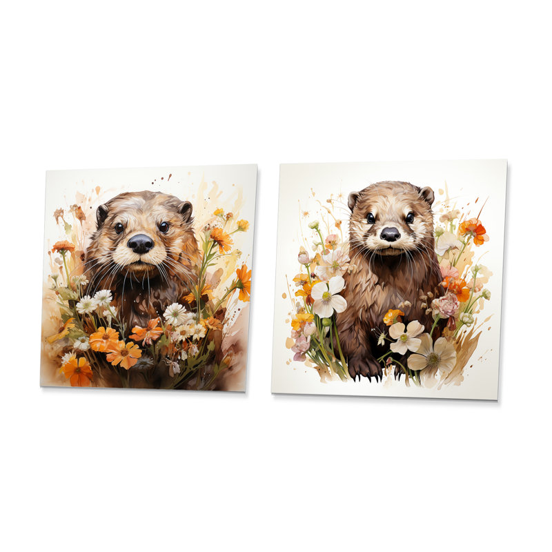 Loutre brune dans un pré fleuri I - loutre, art mural en métal, ensemble carré de 2, H 23 po x l 46 po