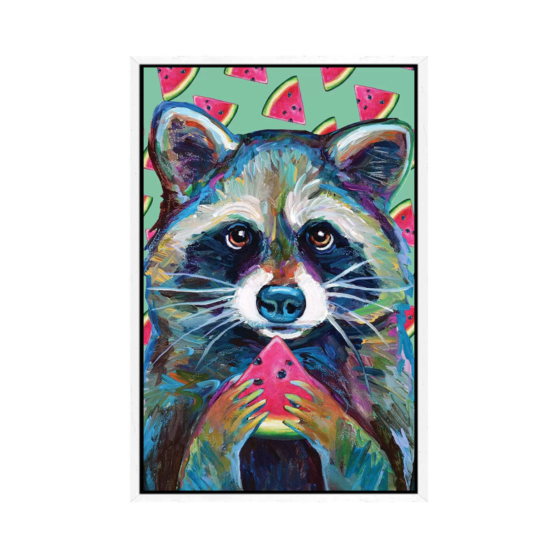 Watermelon Raccoon by Robert Phelps - Print on Canvas, White Framed, 66.04 cm H x 45.72 cm W