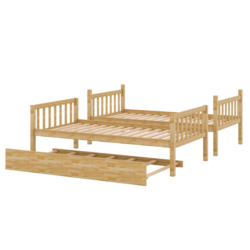 Lit superposé modulaire en bois avec lit gigogne, conception convertible et garde-corps de sécurité, Chêne blanc